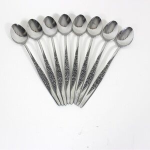 Mid Century Modern Japan Set of 8 Vintage Stainless Iced Tea Spoons Caress Rose